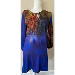 Am By Amelia Womens A-Line Dress Size M Blue Tree Print Keyhole Neck Long Sleeve